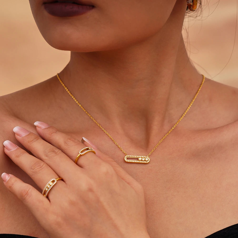 Elegant Gold Jewelry Set Necklace Ring Zircon Women