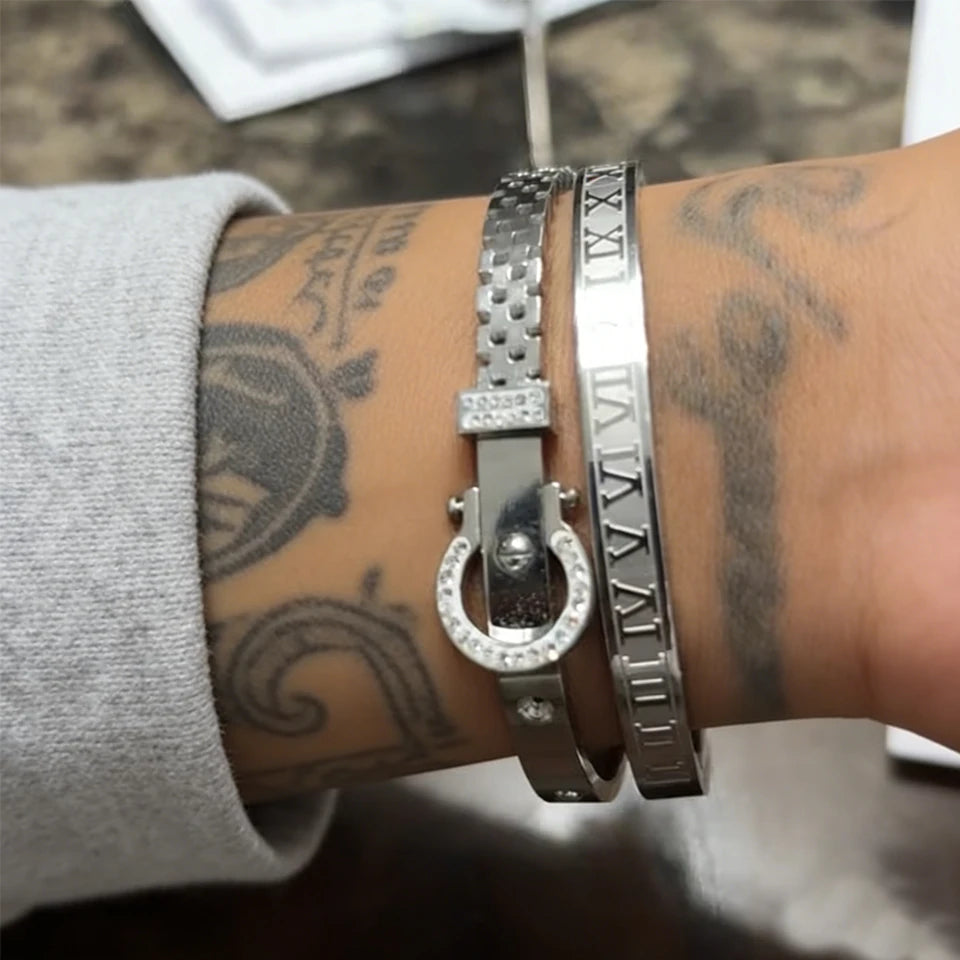 2pcs Roman Numeral Bracelet Set Stainless Steel Bangle Unisex Gift