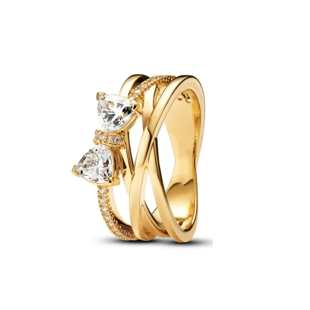 Elegant Gold Ring Sun Heart Bow 925 Silver Women Jewelry