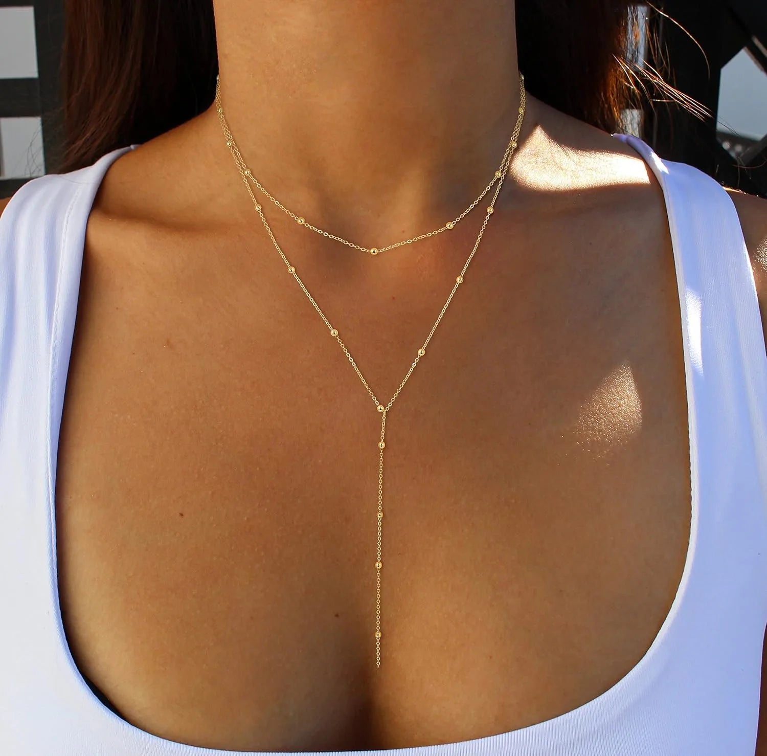 Elegant Y Shape Drop Necklace Gold Plated Layered Beaded Chain
