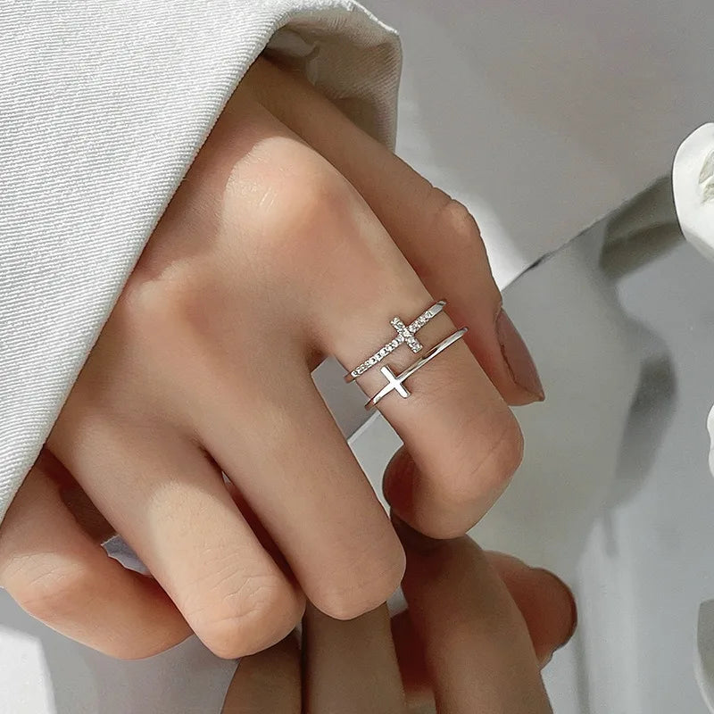 Minimalist Cross Open Ring Gold Silver Adjustable Women Ring