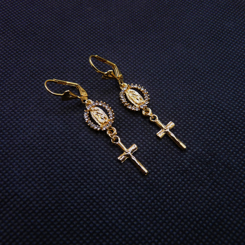 Virgin Mary Cross Rhinestone Earrings Elegant Religious Women