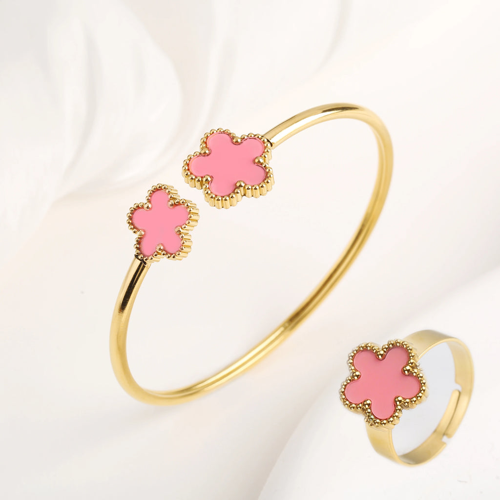Lucky Five Leaf Clover Jewelry Set Stainless Steel Bangle Ring Women