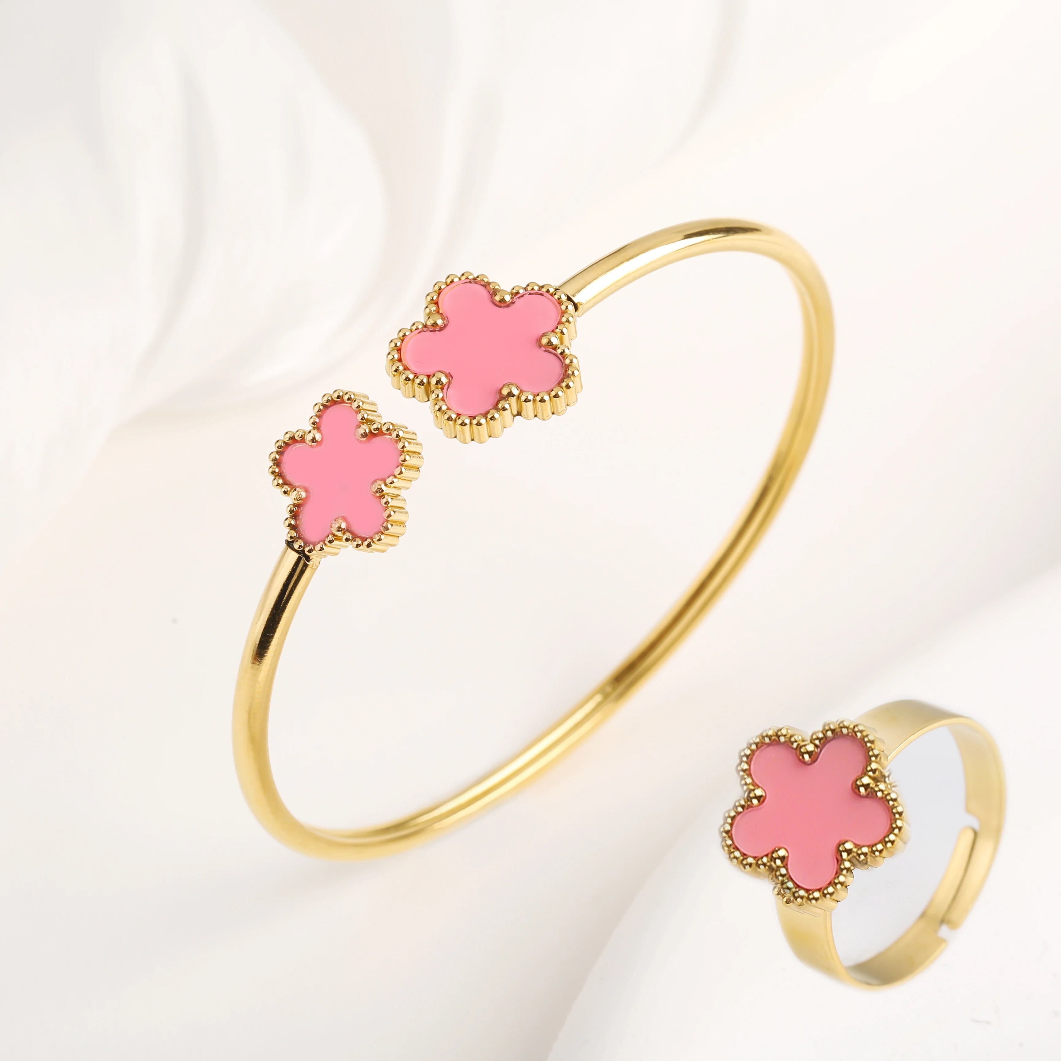 Lucky Five Leaf Clover Jewelry Set Stainless Steel Bangle Ring Women