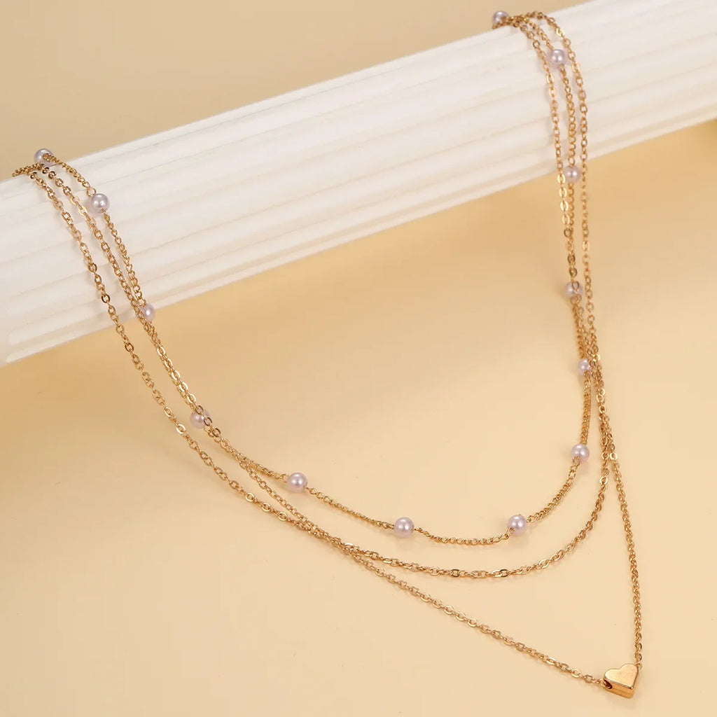 Elegant Layered Necklace Pearl Cross Heart Gold Chain Women