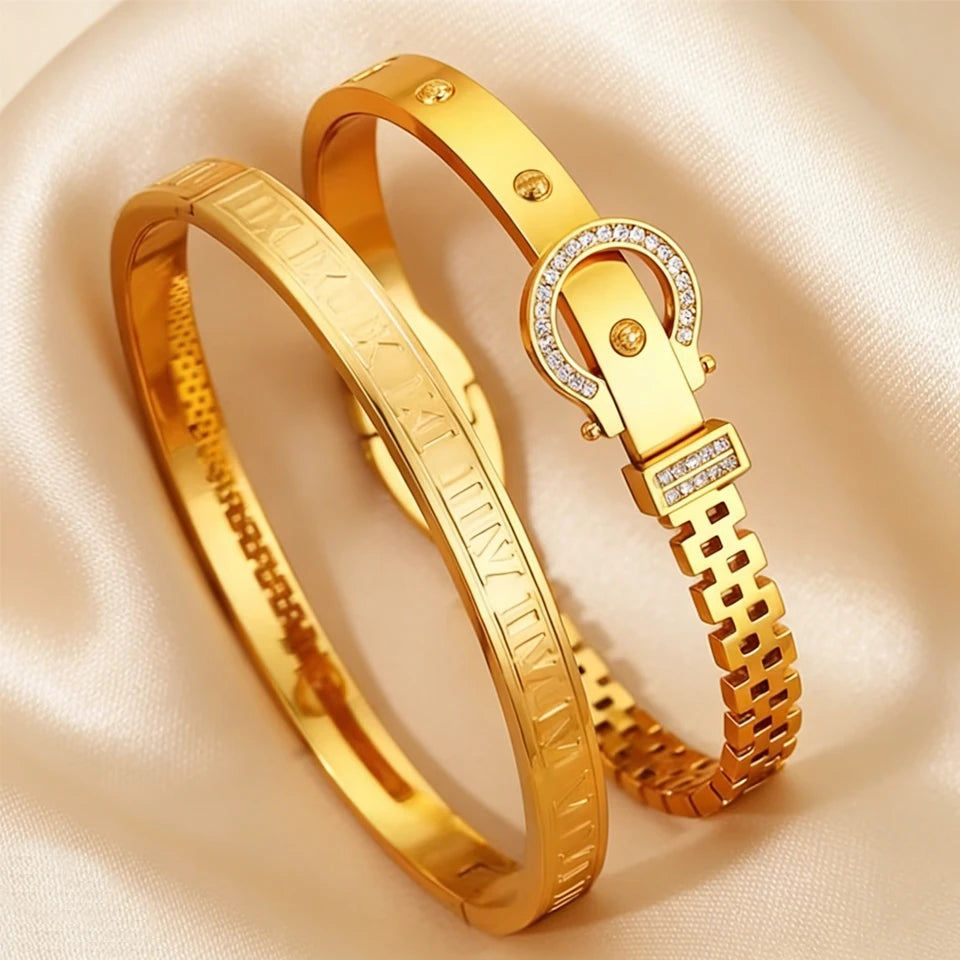 2pcs Roman Numeral Bracelet Set Stainless Steel Bangle Unisex Gift