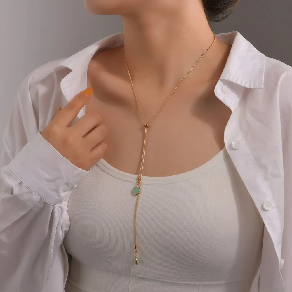 Simple Pearl Tassel Necklace Silver Tone Adjustable Clavicle Chain