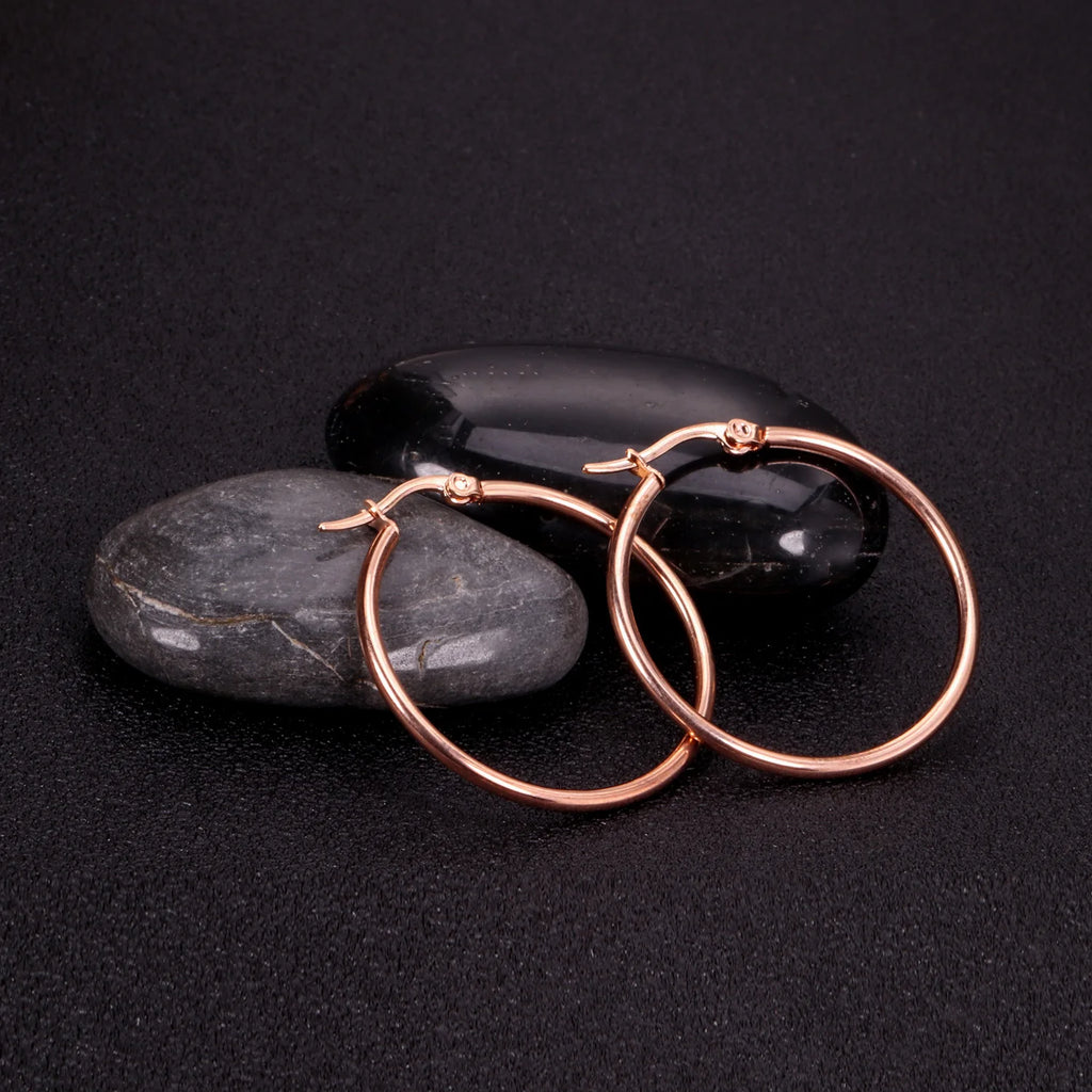 Rose Gold Stainless Steel Hoop Earrings 10-65mm Anti Allergy Women