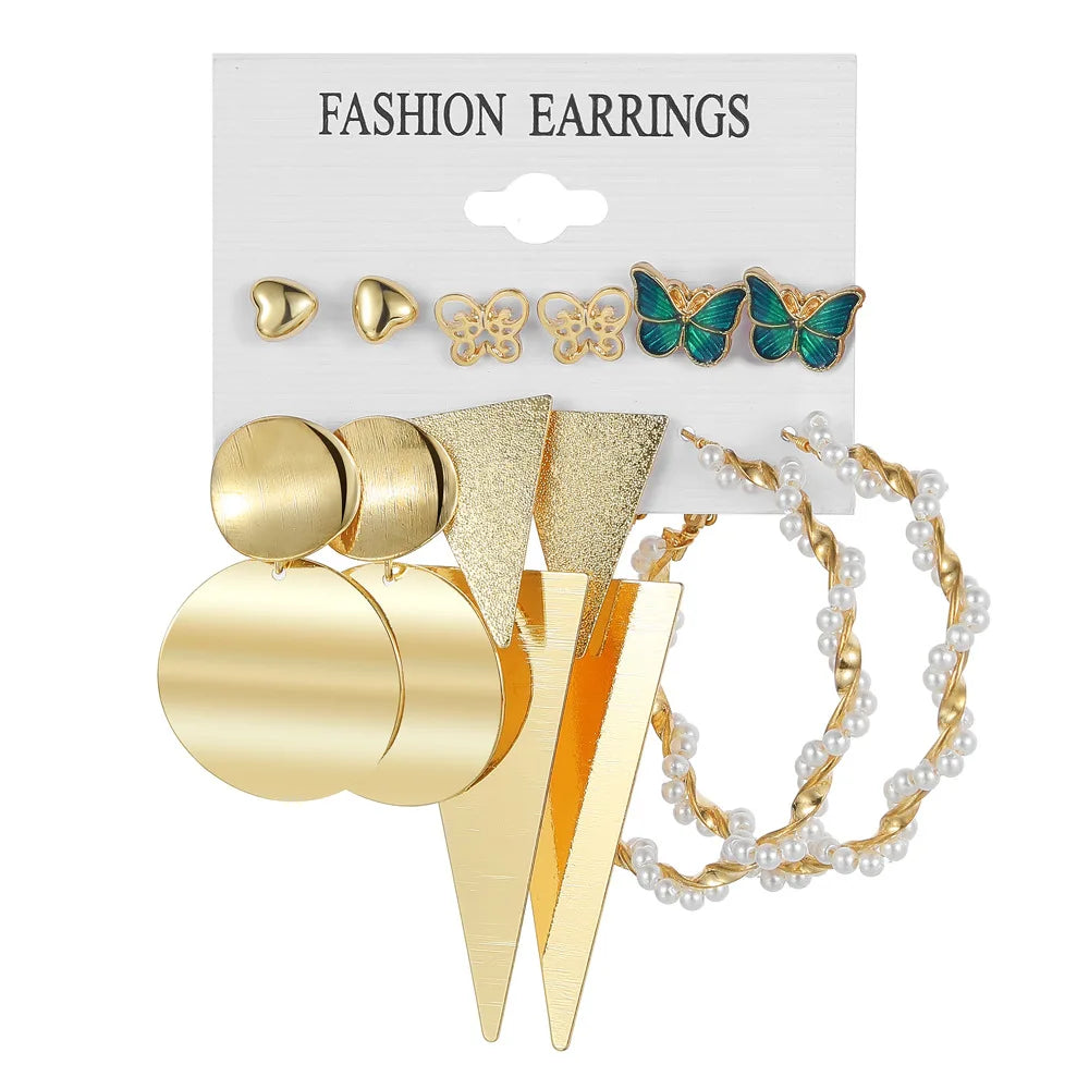 Stylish Boho Earring Set Big Hoops Pearl Square Heart Zircon Design