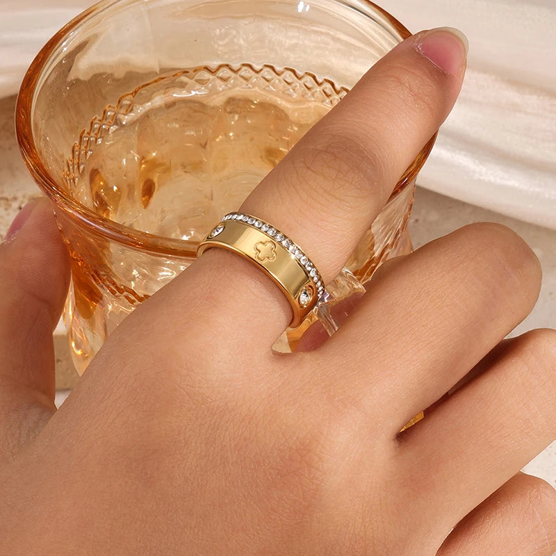 Four Leaf Crystal Rings Set 18K Gold Stainless Steel Women