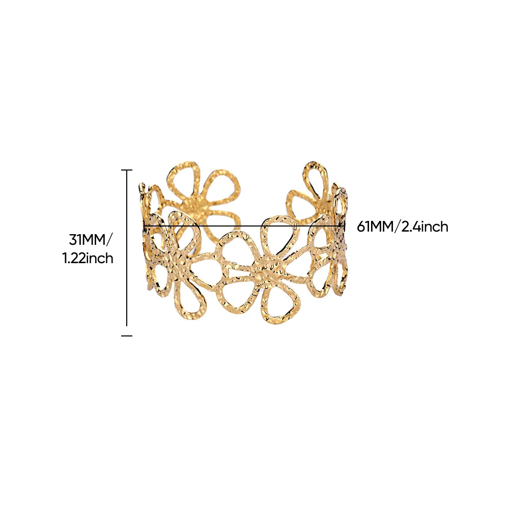 Gold Flower Cuff Bracelet Stainless Steel Floral Bangle for Women