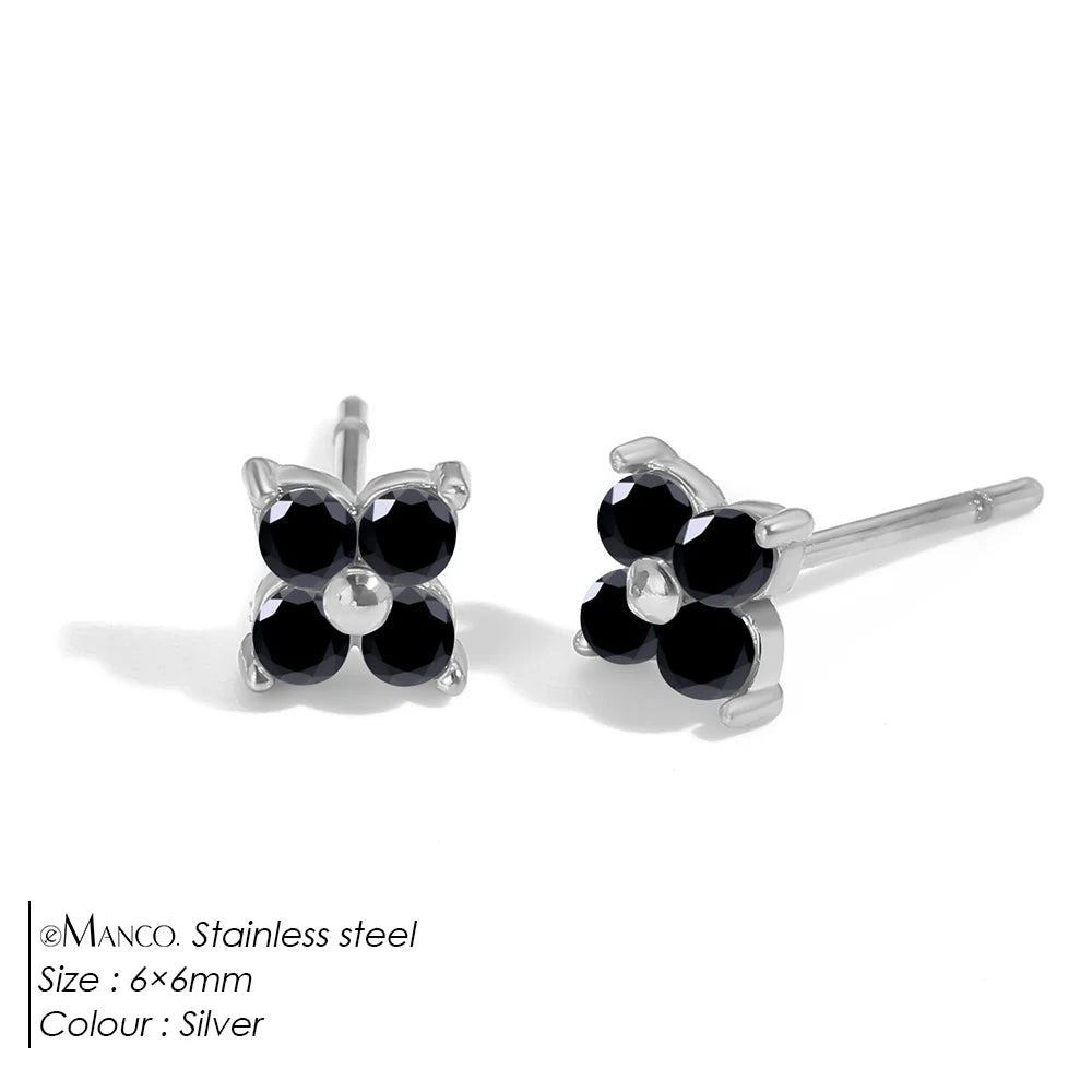 eManco Clover Black Gemstone Stud Earrings Stainless Steel Elegant