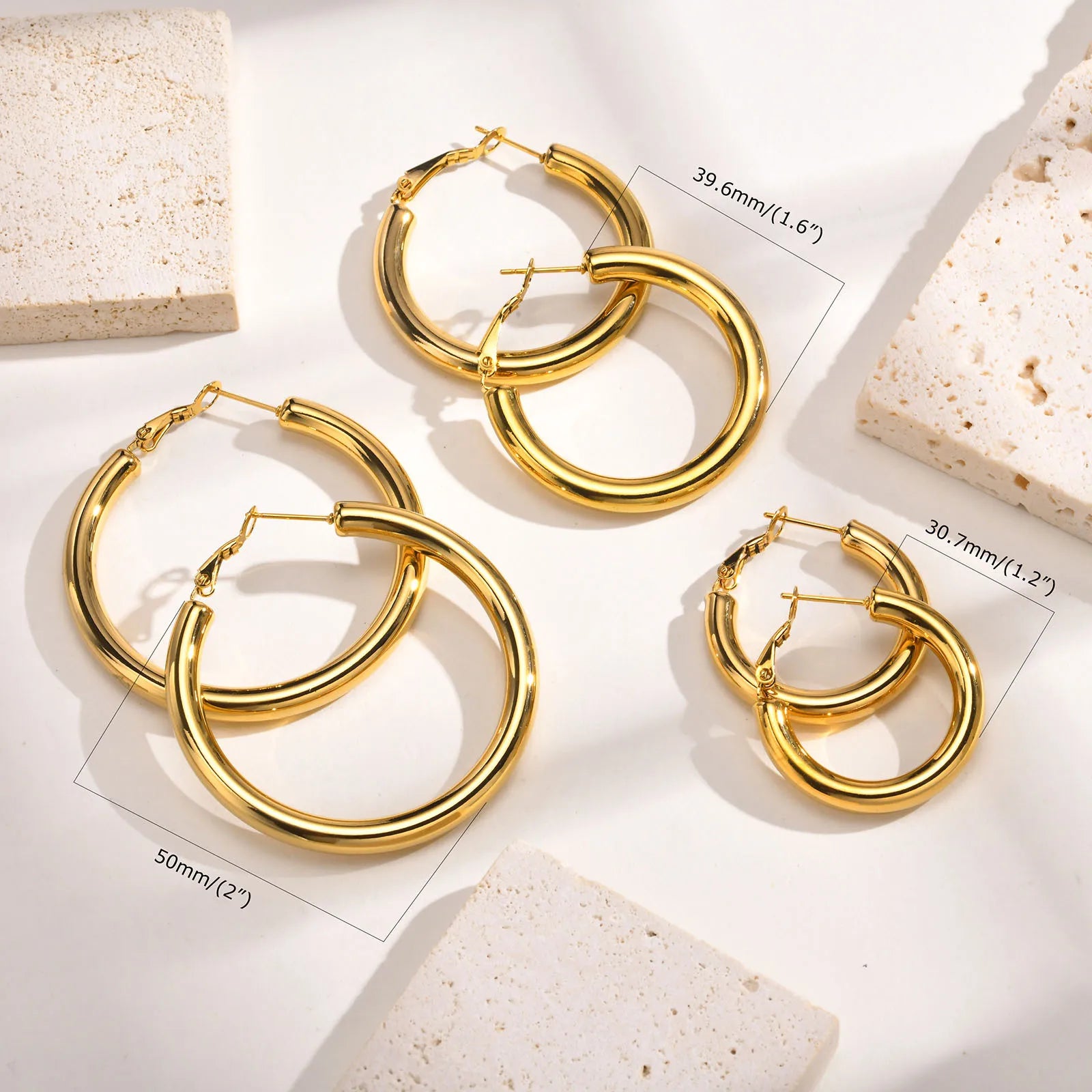 18K Gold Hoop Earrings 30-50mm Stainless Steel Minimalist Women