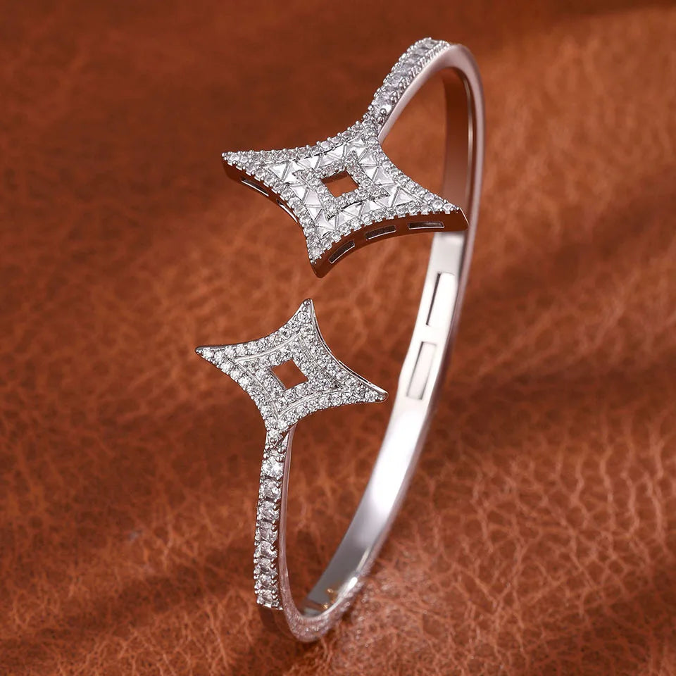 Elegant Gold Color Geometric Bangle with Sparkling Zircon Detail