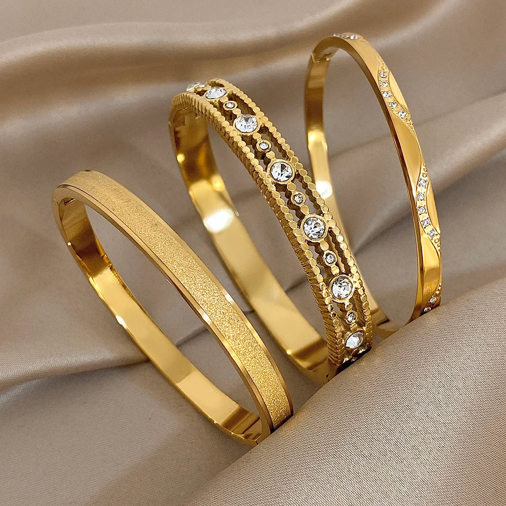 Gold Zircon Geometric Cuff Bracelet Stainless Steel Waterproof Unisex
