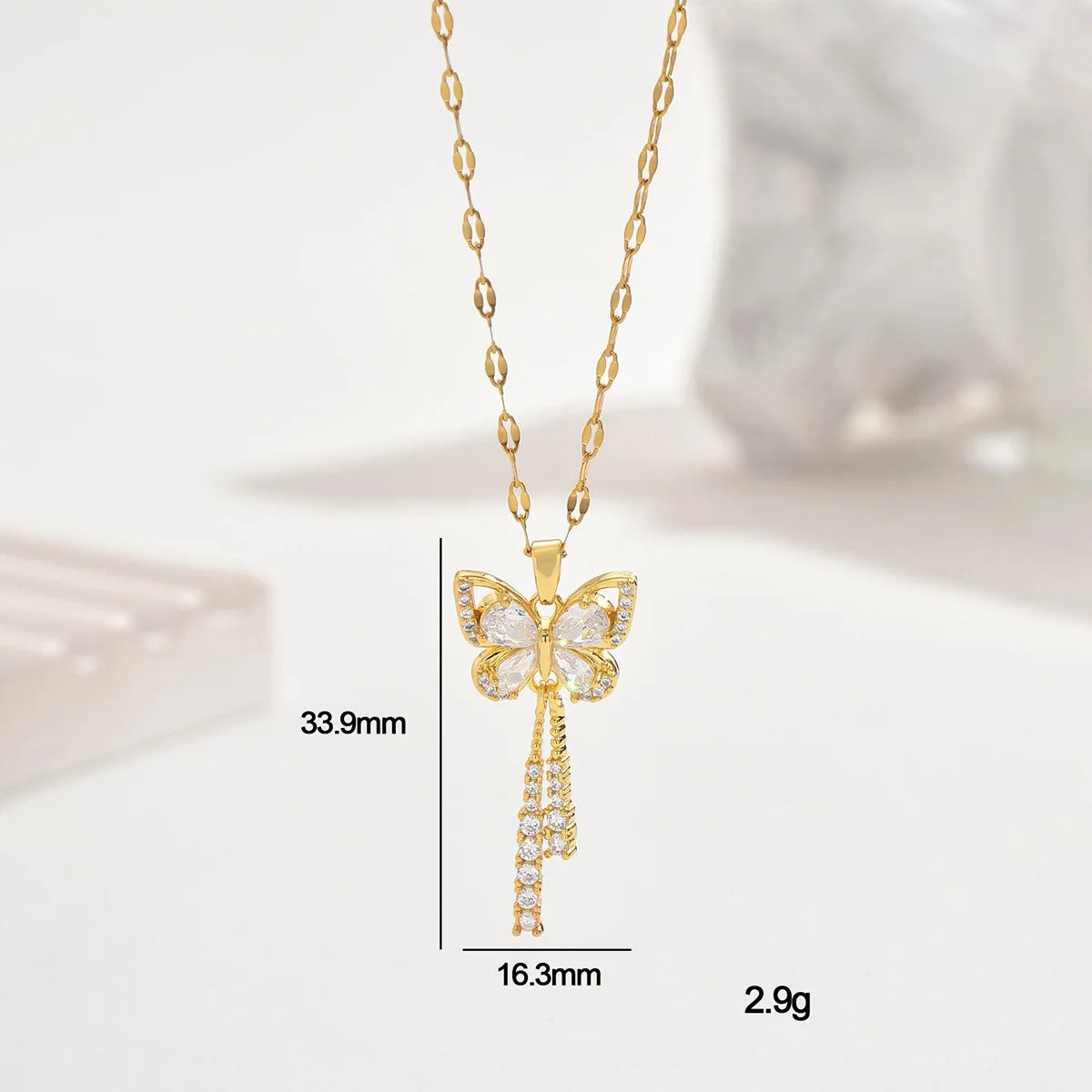 Elegant Butterfly Necklace Zircon Tassel Titanium Steel Women
