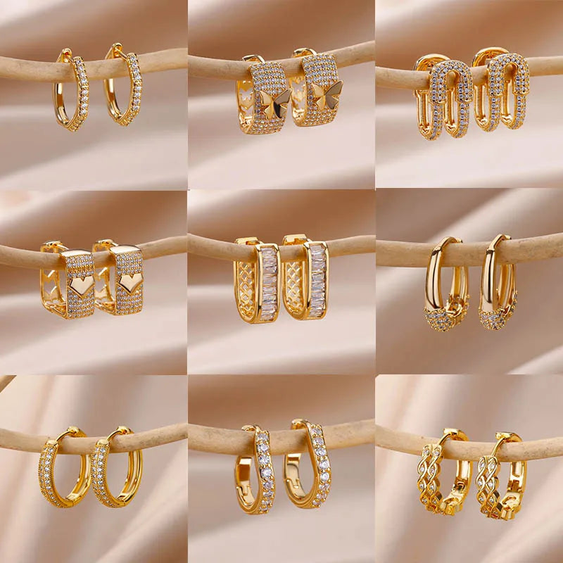 Elegant Zircon Hoop Earrings Circle Square Gold Tone Jewelry
