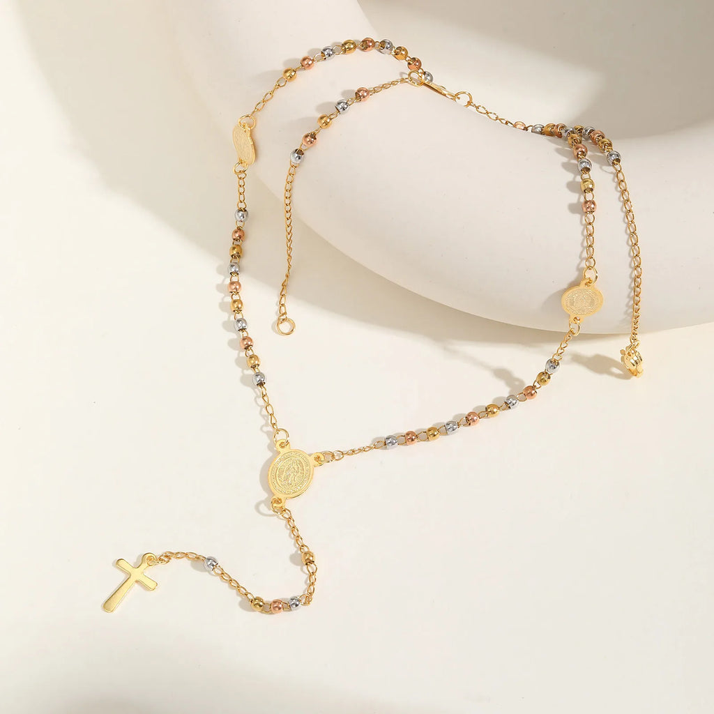 Beaded Rosary Necklace with Cross and Saint Benedict Pendant for Protection