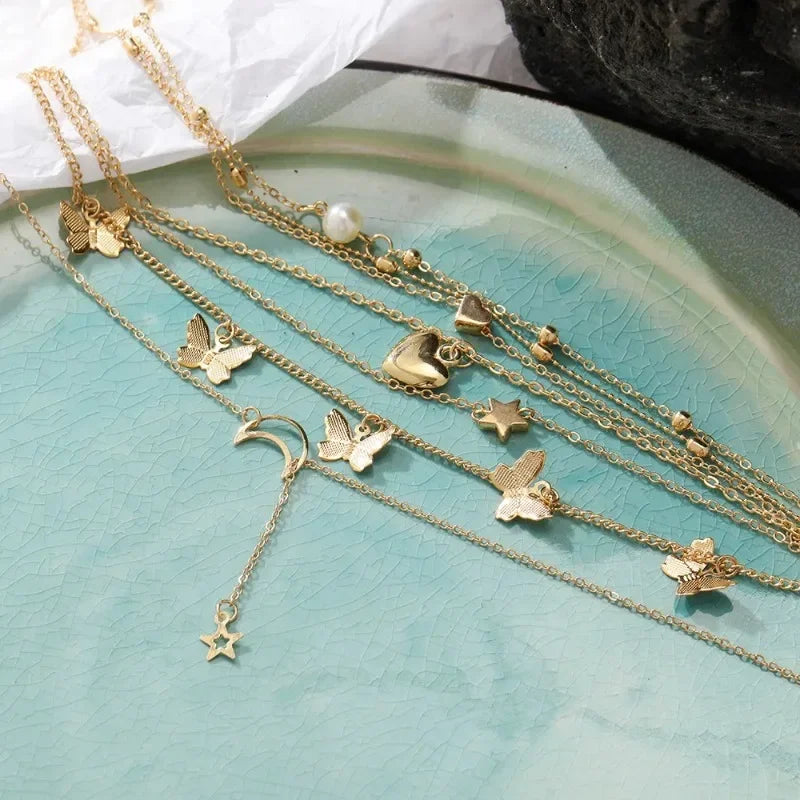 Elegant 6 Piece Necklace Set Butterfly Star Moon Trend Jewelry