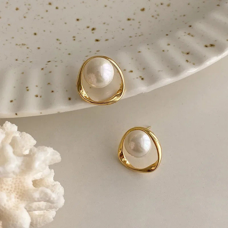 French Gold Bean Pearl Earrings Elegant Korean Style Women Jewelry