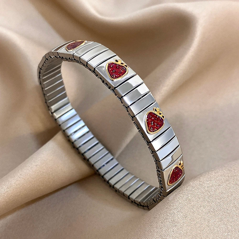 Gold Stainless Steel Strawberry Cherry Elastic Bangle Bracelet Trendy
