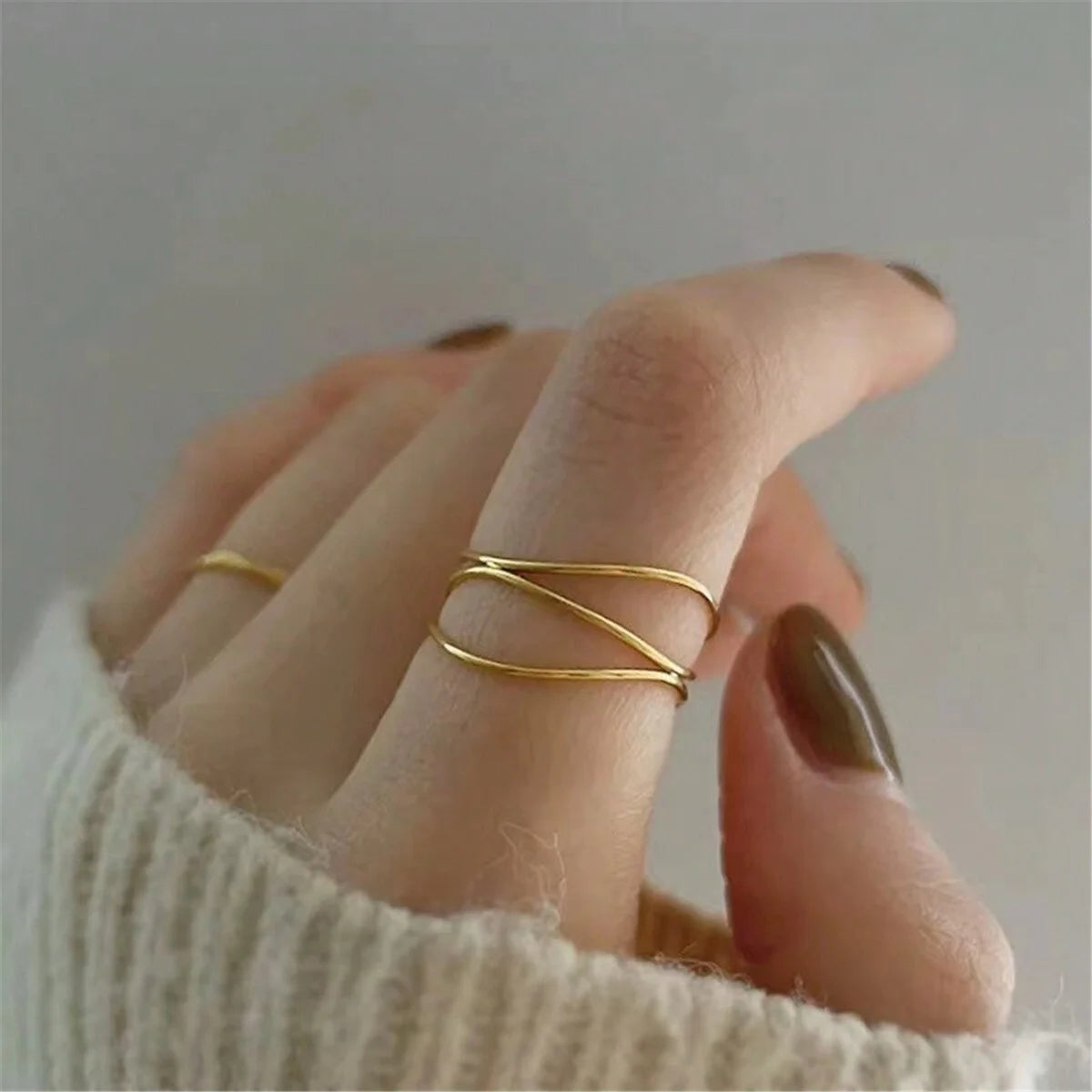 Vintage 18K Gold Multi Layer Ring Stainless Steel Women Jewelry