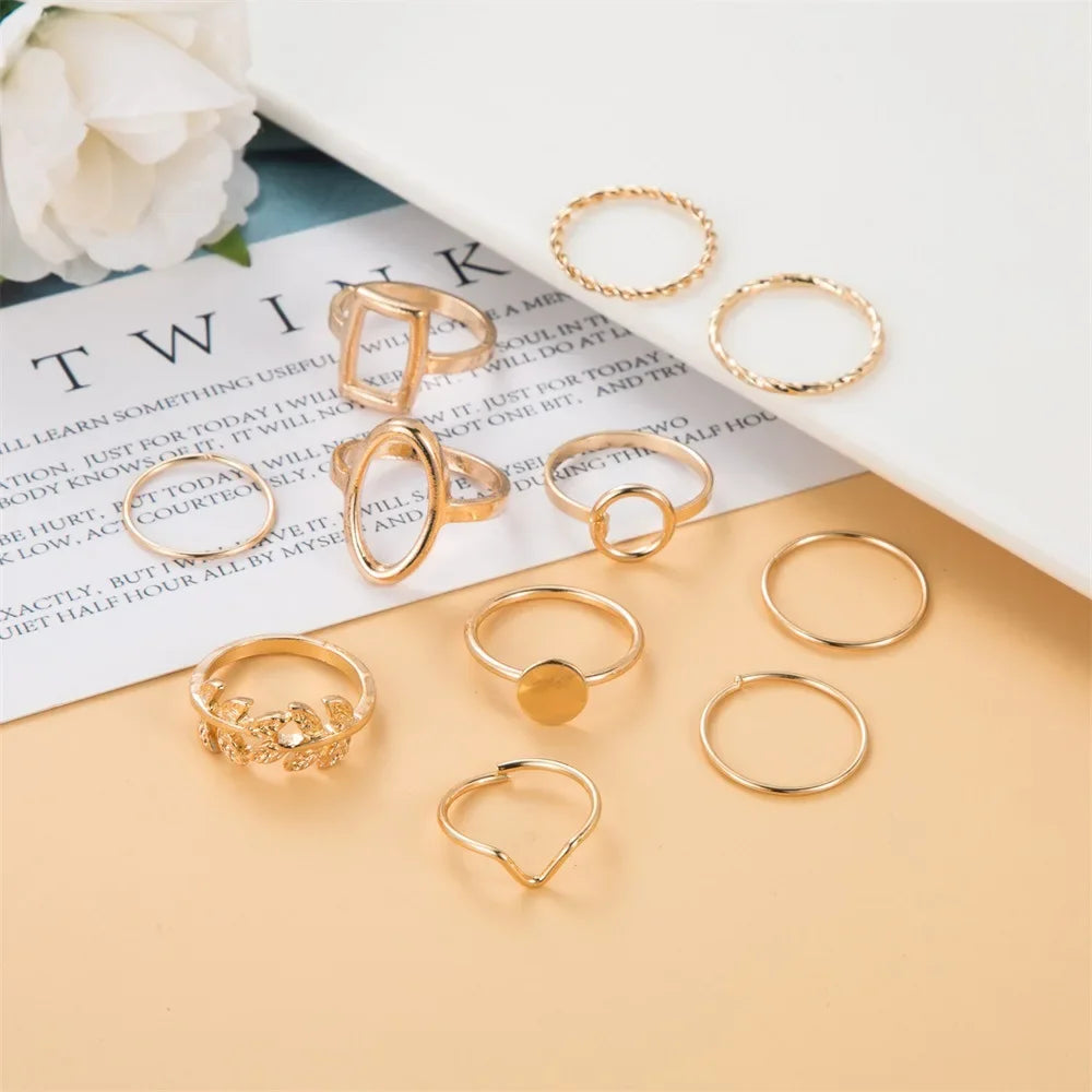 Creative Geometric Leaf Wave Ring Set 11pcs Fashion Knuckle Jewelry