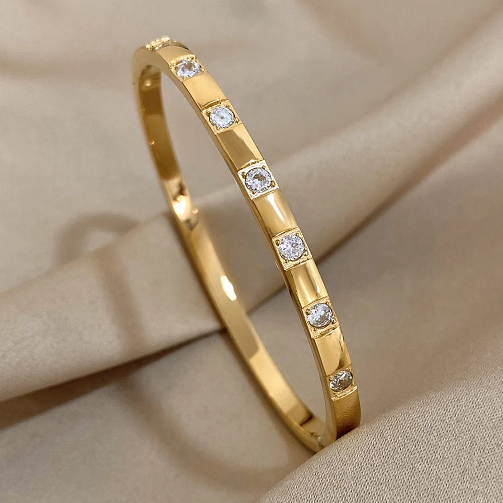 Gold Plated Rhinestone Square Bangle Stainless Steel Waterproof
