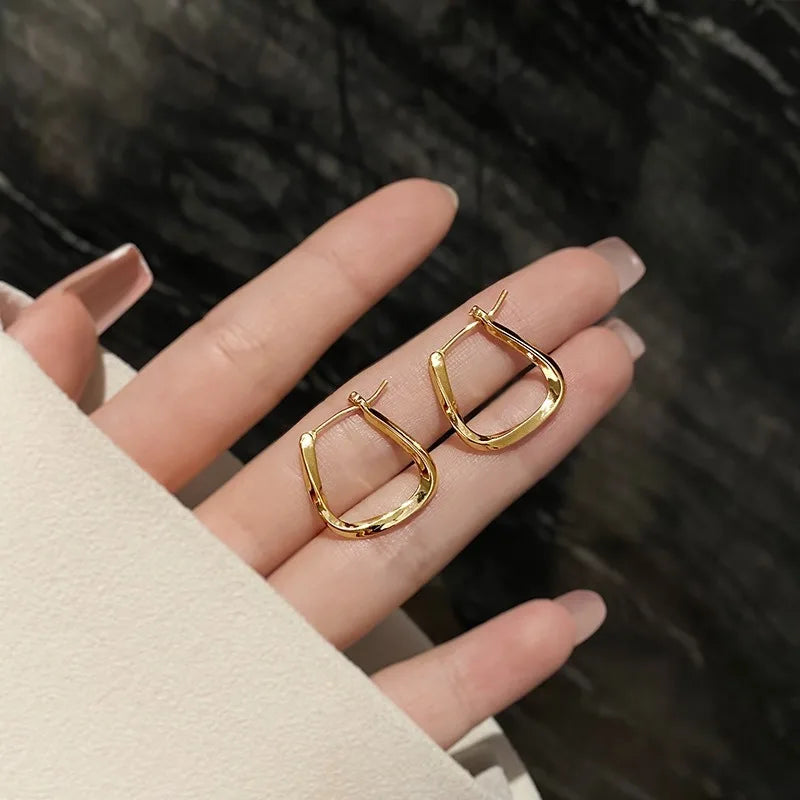 Gold Geometric U-Shaped Twisted Square Hoop Earrings for Women Trendy