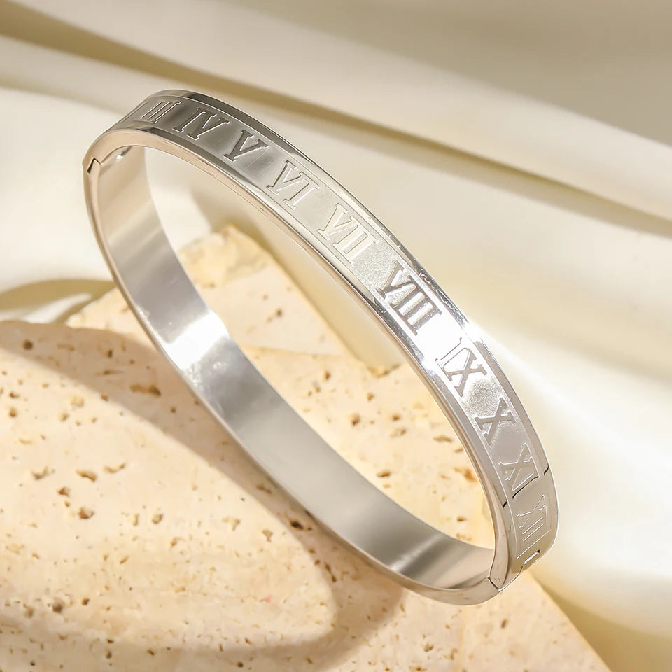2pcs Roman Numeral Bracelet Set Stainless Steel Bangle Unisex Gift