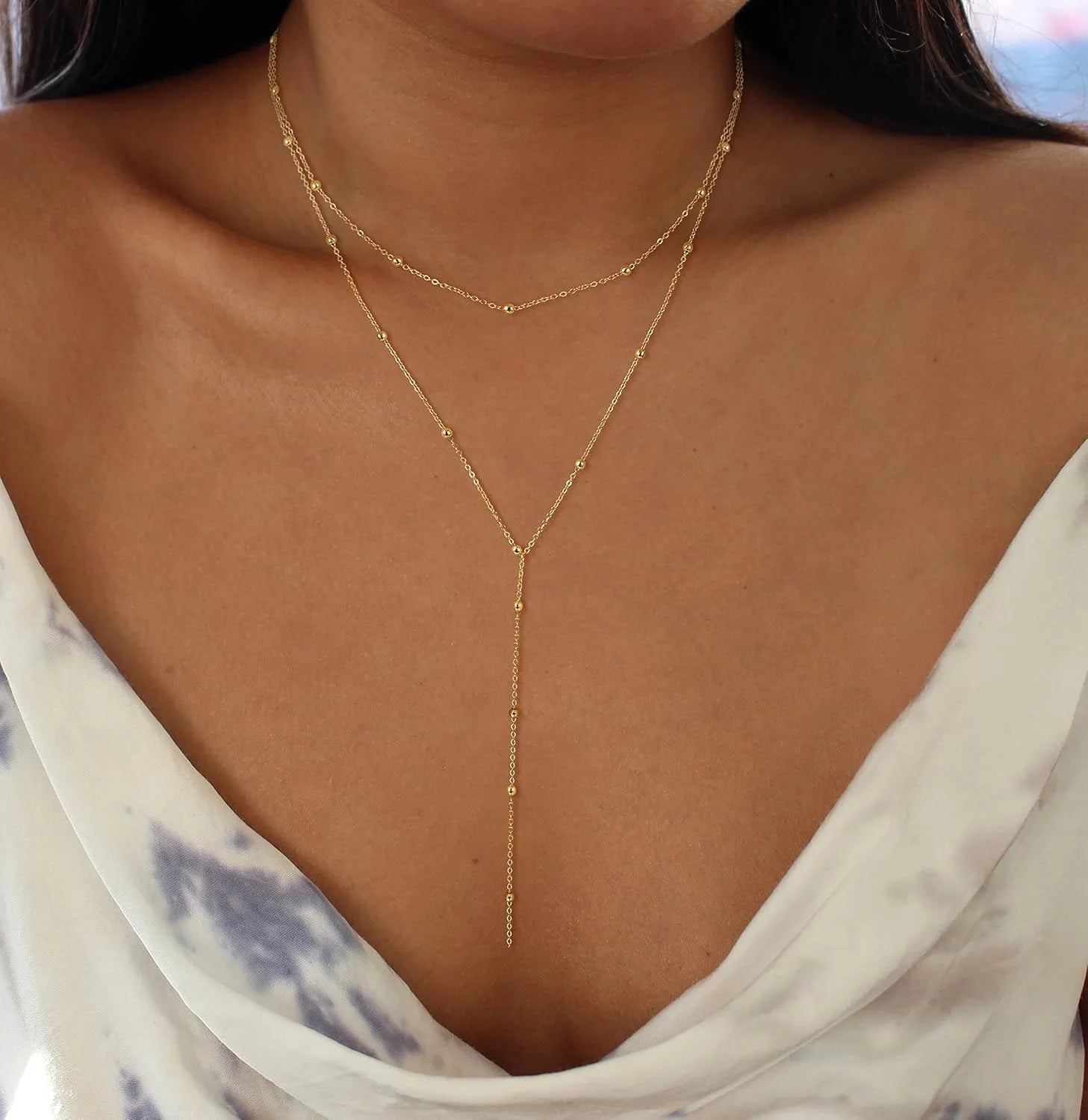 Elegant Y Shape Drop Necklace Gold Plated Layered Beaded Chain