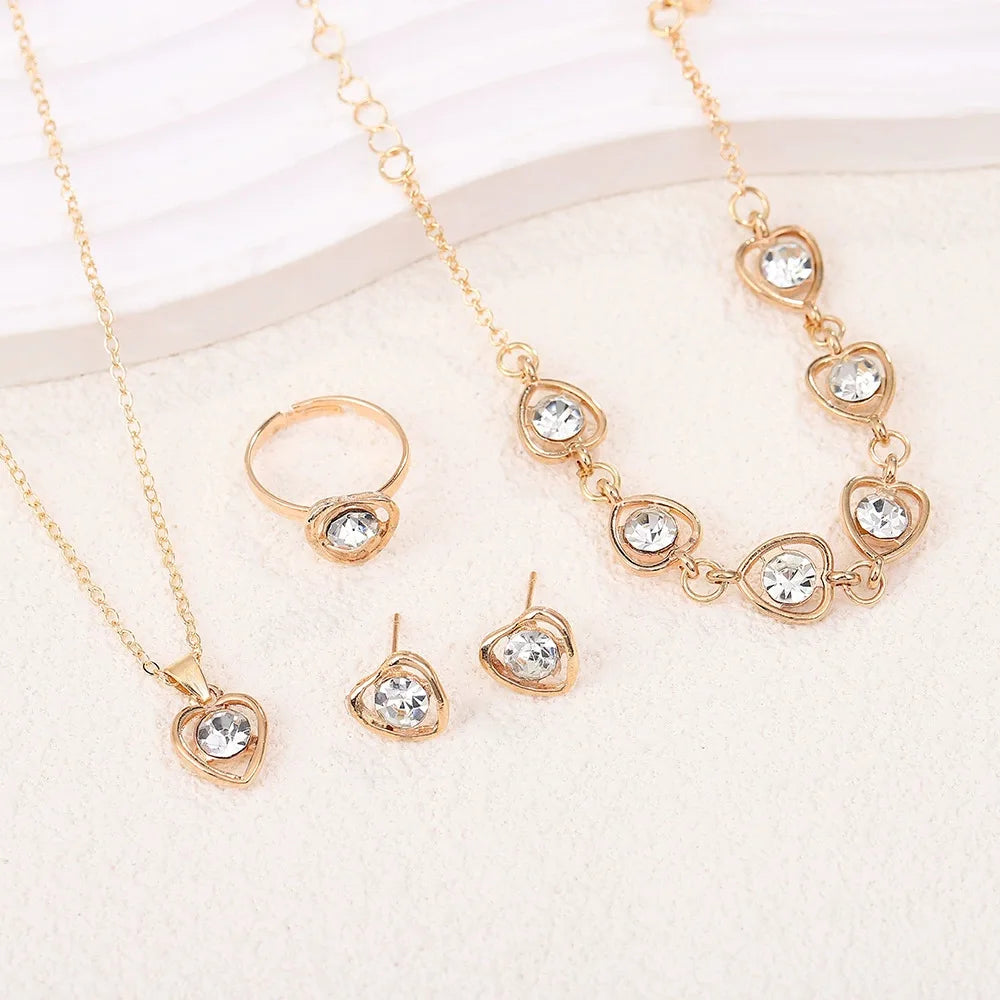 4PCS Heart Crystal Jewelry Set Necklace Bracelet Ring Earrings