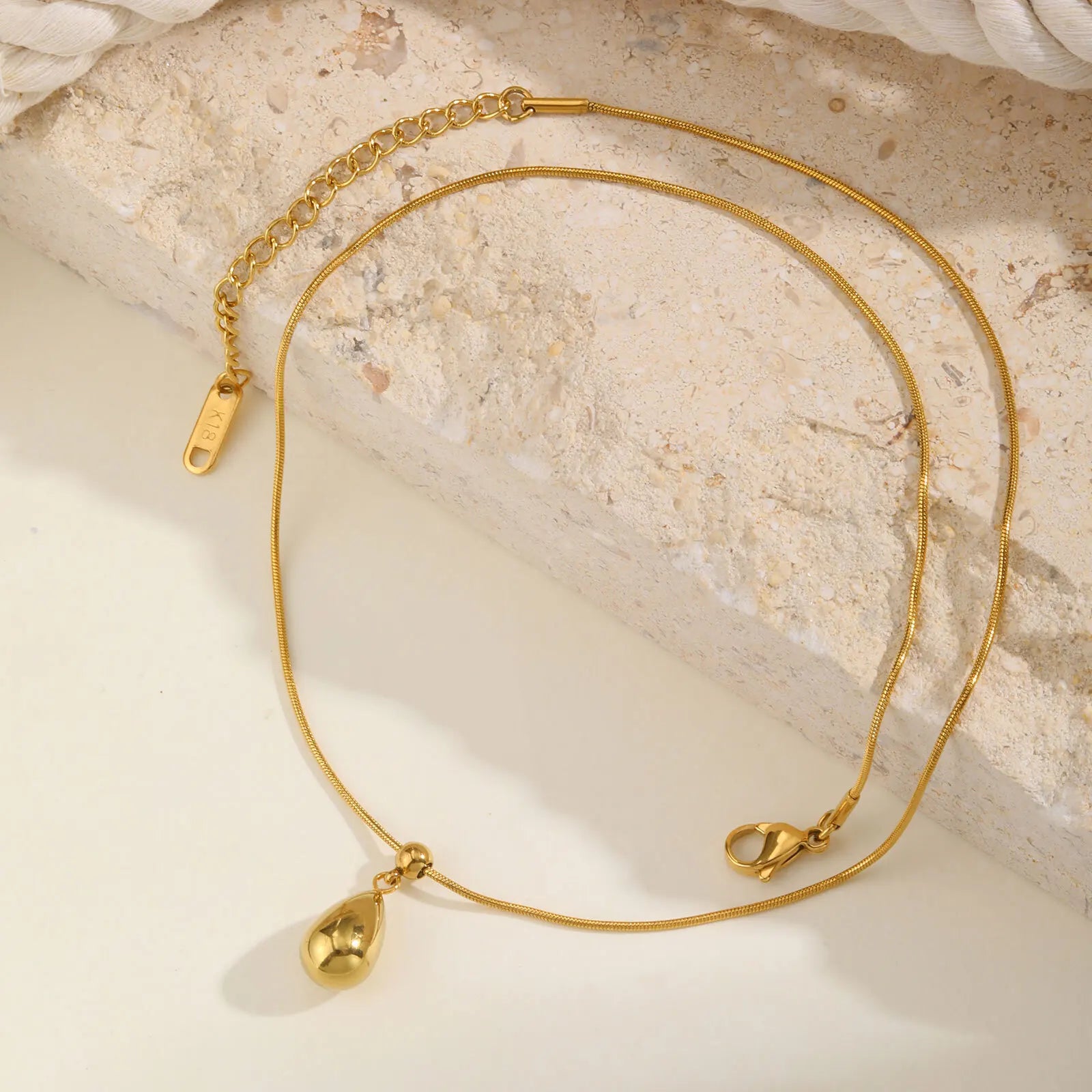 Sliding Water Droplet Pendant Necklace Gold Stainless Steel Waterproof