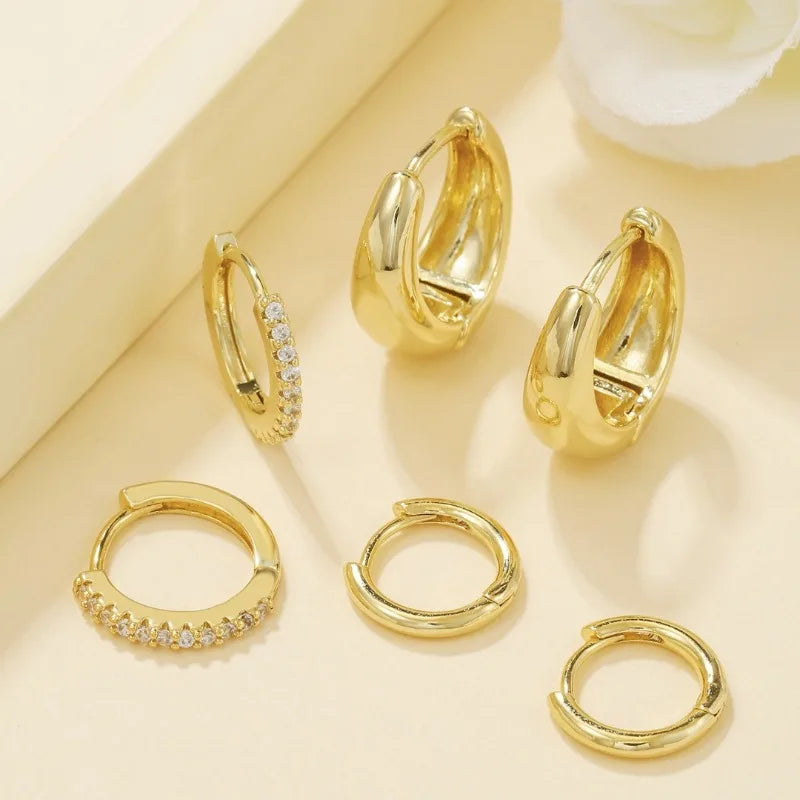 3 Pairs Zircon Hoop Earrings Gold Stainless Steel Trendy Women