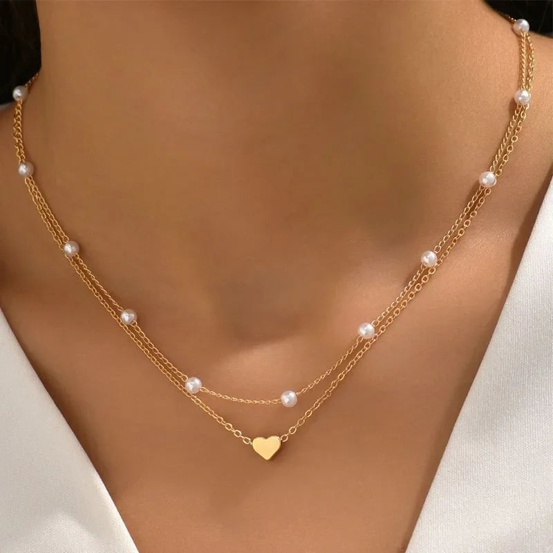 Elegant Layered Necklace Pearl Cross Heart Gold Chain Women