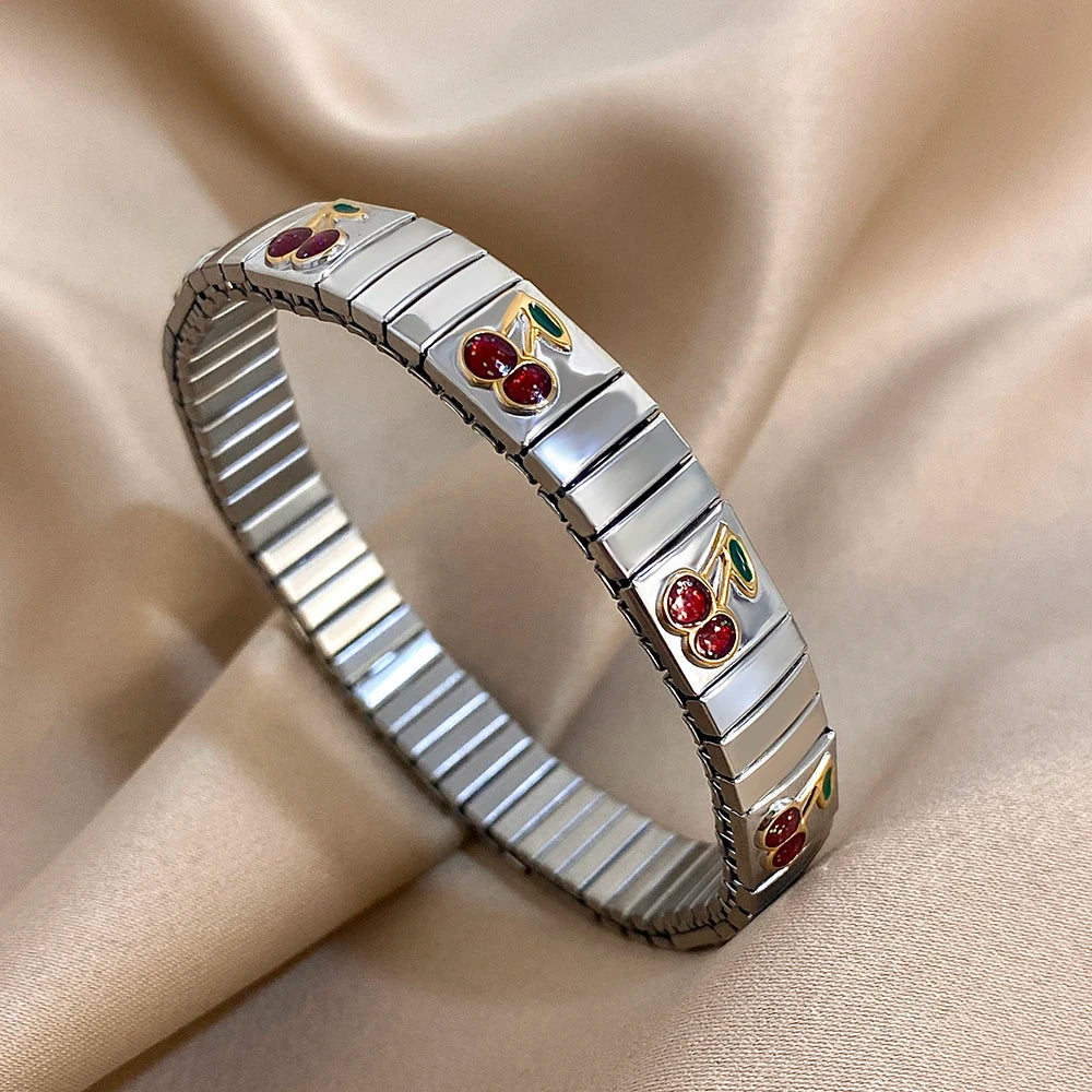 Gold Stainless Steel Strawberry Cherry Elastic Bangle Bracelet Trendy