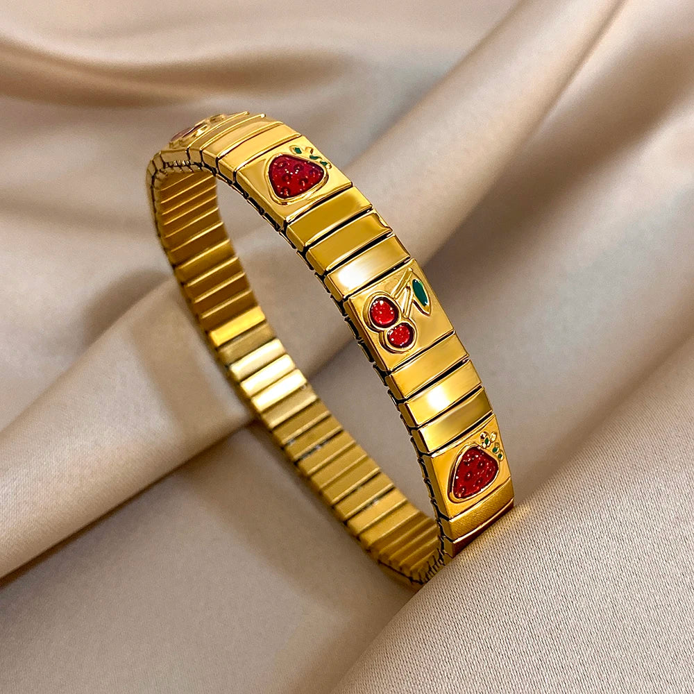 Gold Stainless Steel Strawberry Cherry Elastic Bangle Bracelet Trendy