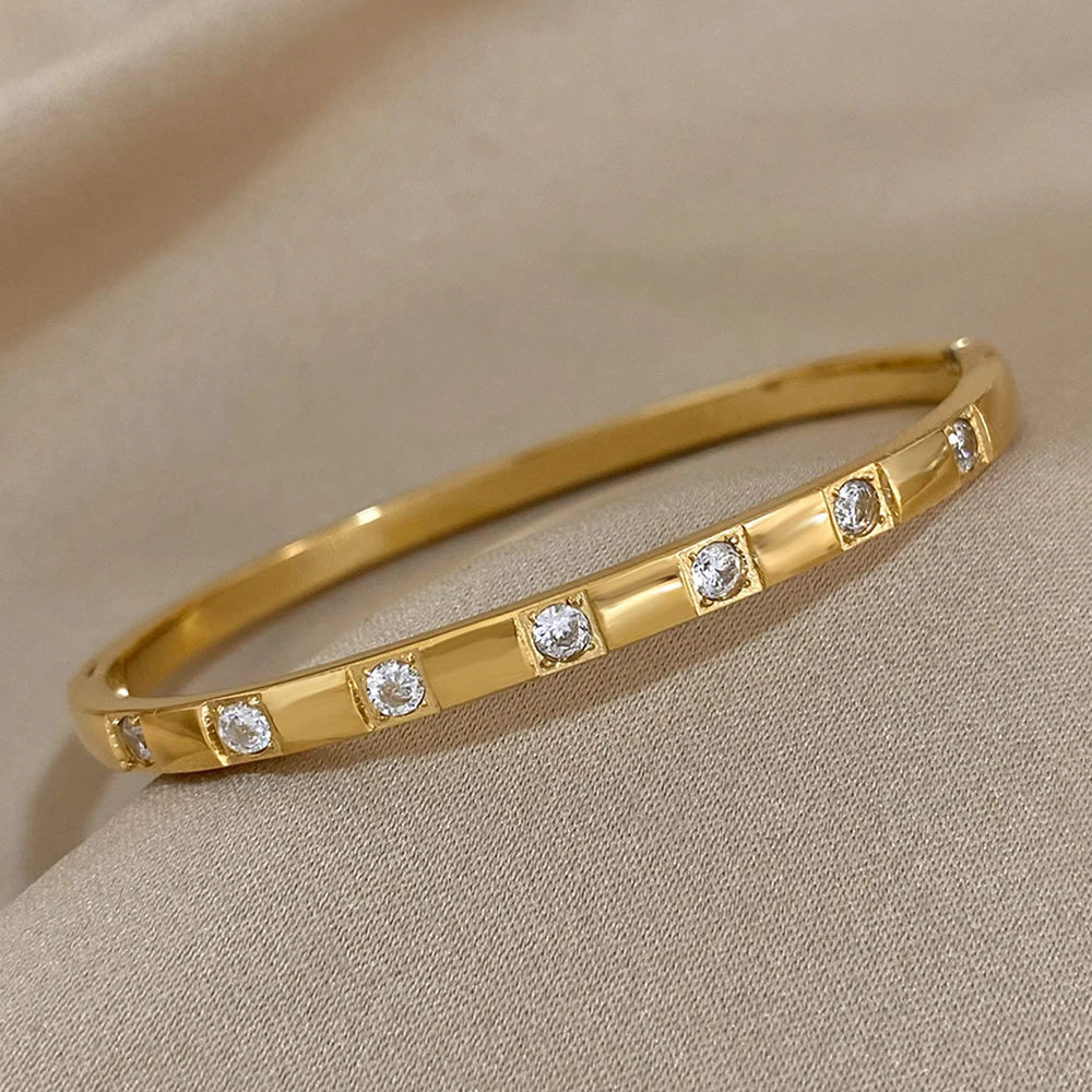 Gold Plated Rhinestone Square Bangle Stainless Steel Waterproof