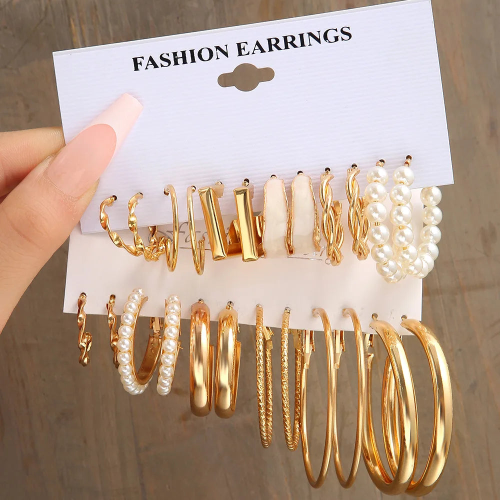 Stylish Boho Earring Set Big Hoops Pearl Square Heart Zircon Design
