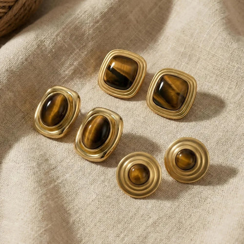 Black Stone Stud Earrings Chunky 18K Gold Women Jewelry