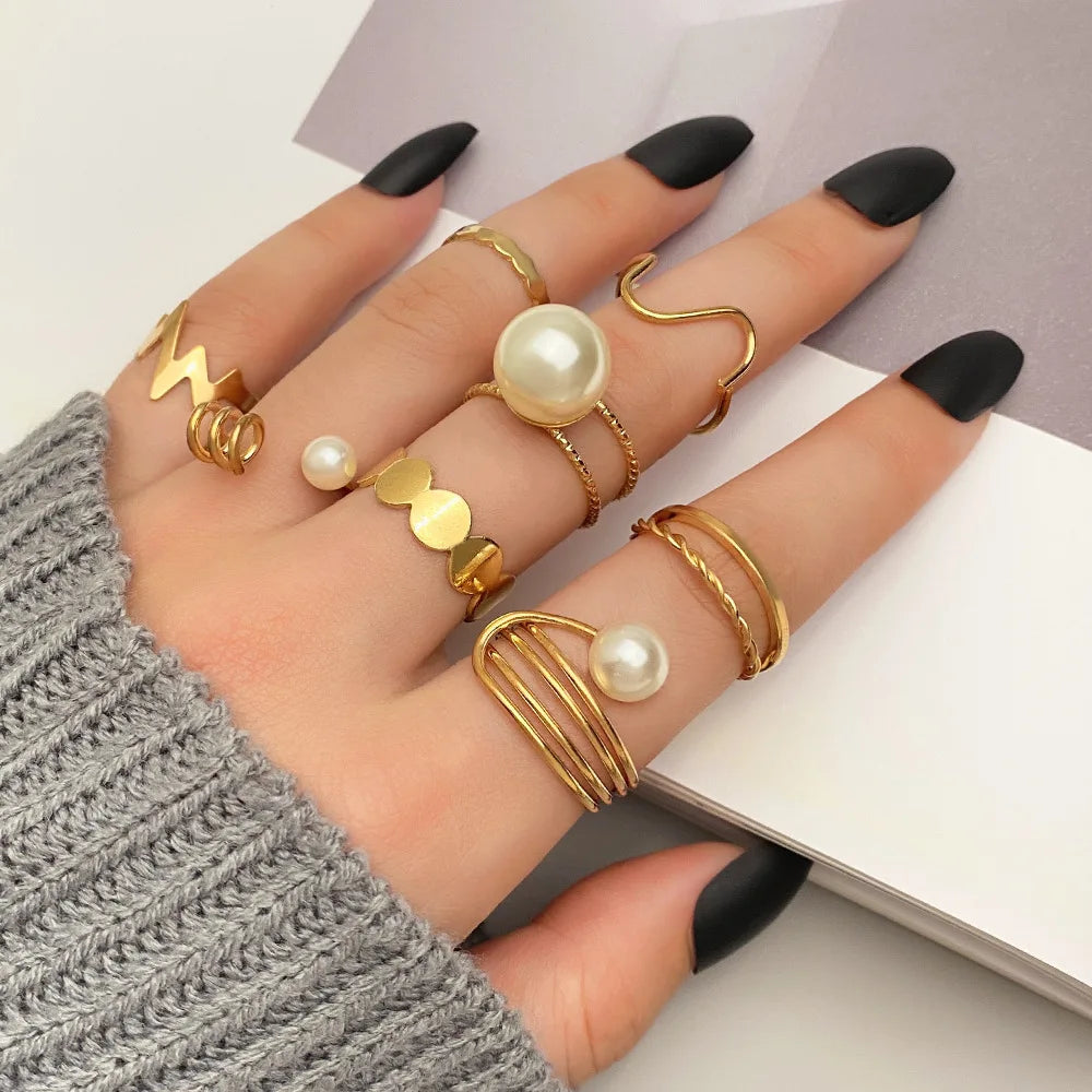 Trendy 21Pcs Gold Ring Set Vintage Geometric Hollow Design Women