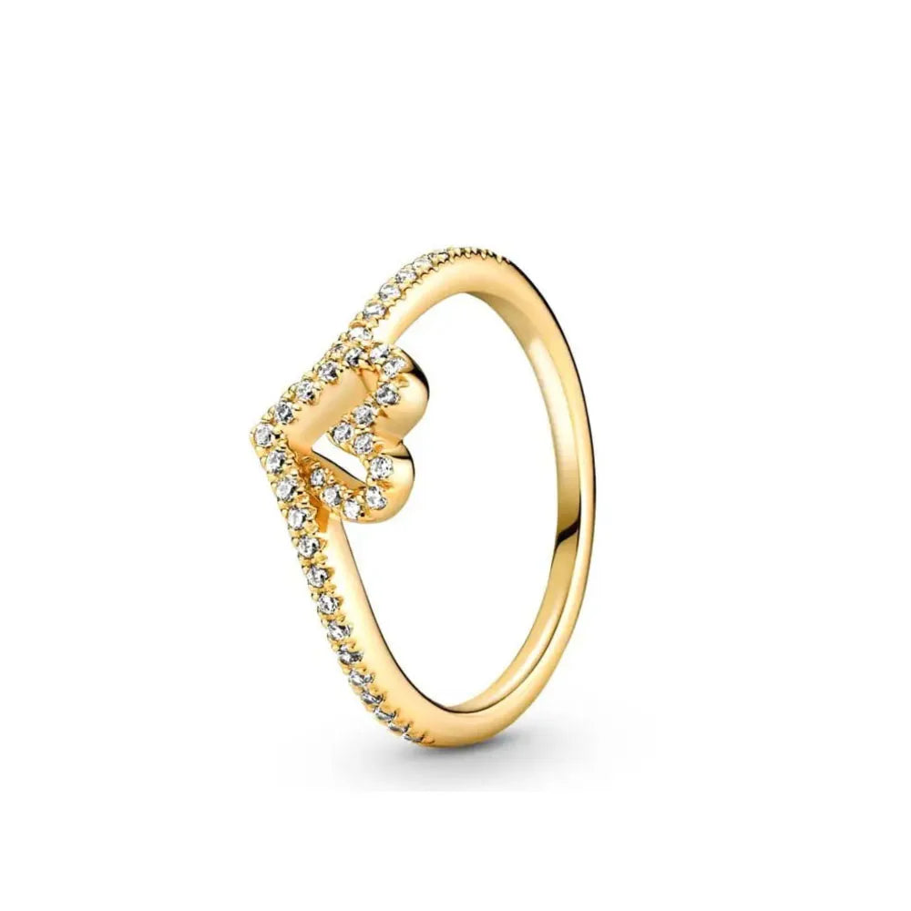 Elegant Gold Ring Sun Heart Bow 925 Silver Women Jewelry