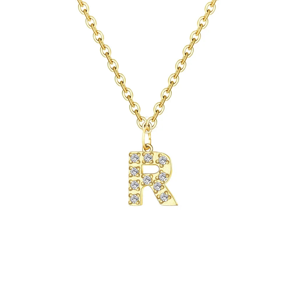 Gold Zircon Initial Necklace A-Z Stainless Steel Letter Pendant Women
