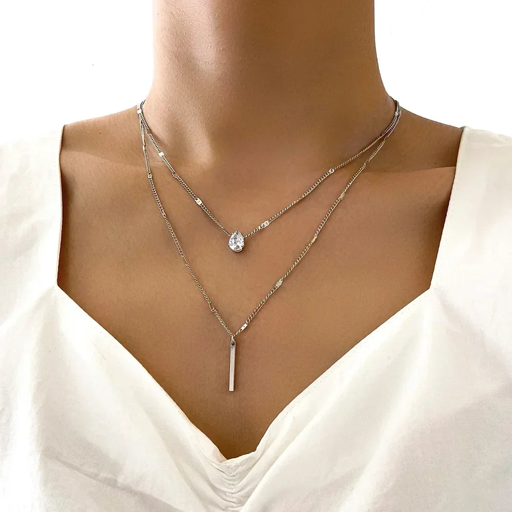Silver Double Layer Star Moon Necklace Zircon Choker for Women