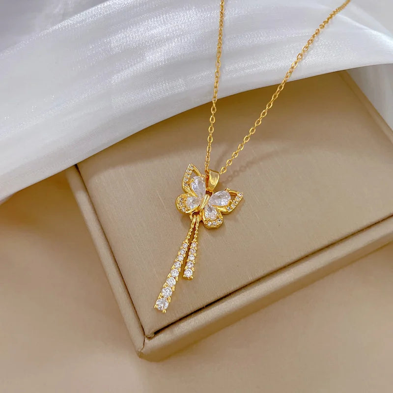 Zircon Butterfly Tassel Necklace Moon Flower Stainless Steel Women