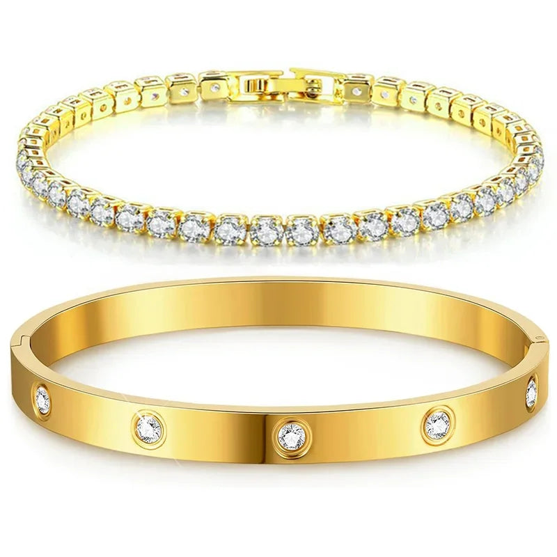 Gold Stainless Steel Tennis Bracelet Matching Bangles Luxury Couple