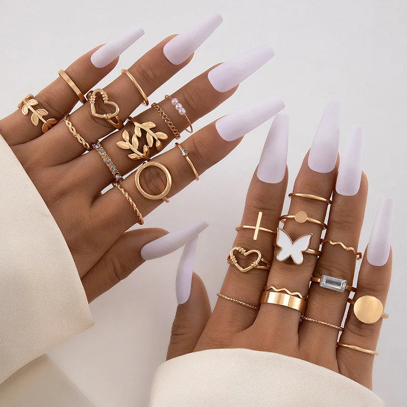 Trendy 21Pcs Gold Ring Set Vintage Geometric Hollow Design Women