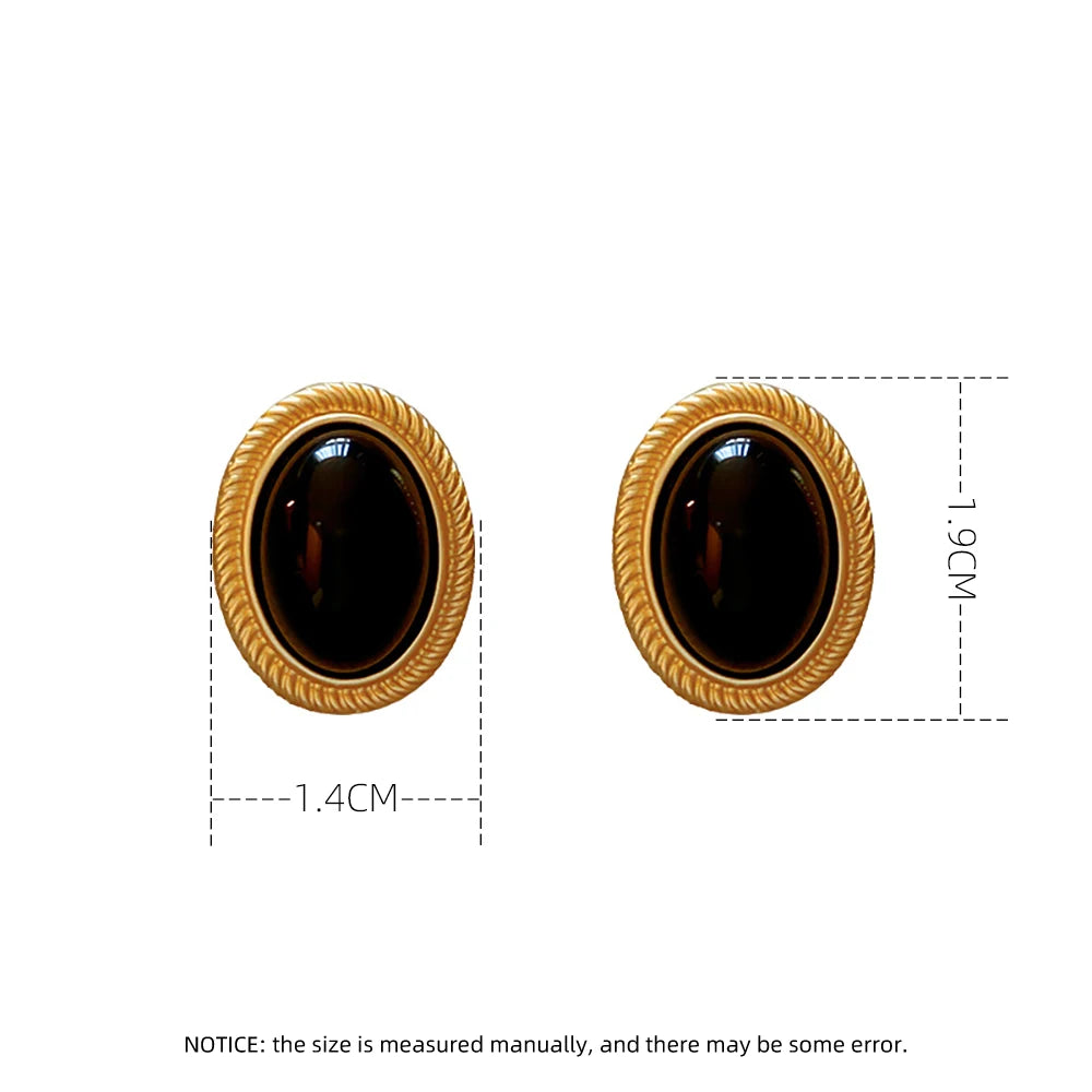 Retro Gold Black Oval Stud Earrings Metal Line Elegant Women Design