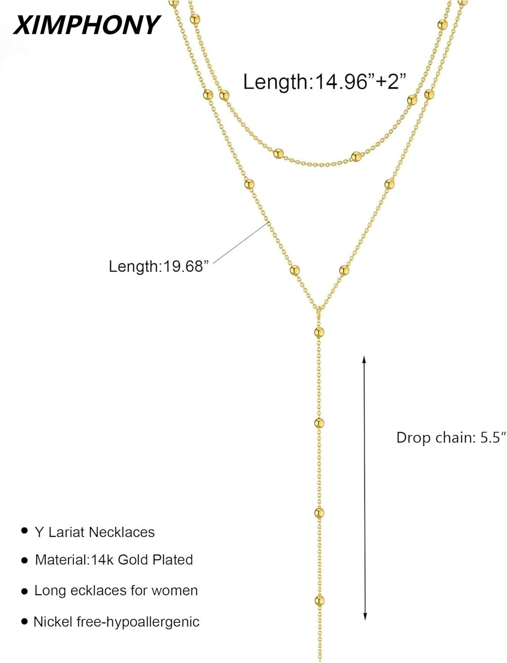 Elegant Y Shape Drop Necklace Gold Plated Layered Beaded Chain