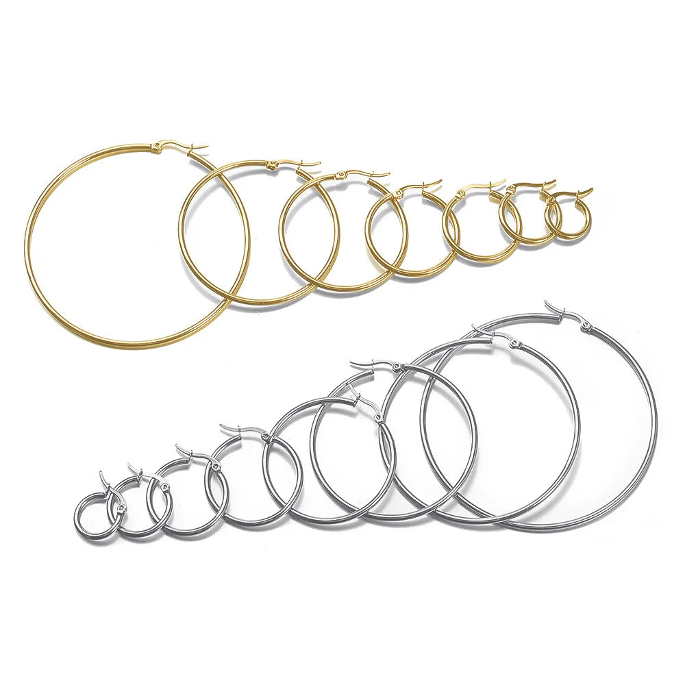 Gold Stainless Steel Hoop Earrings Big Small Circle Unisex Jewelry